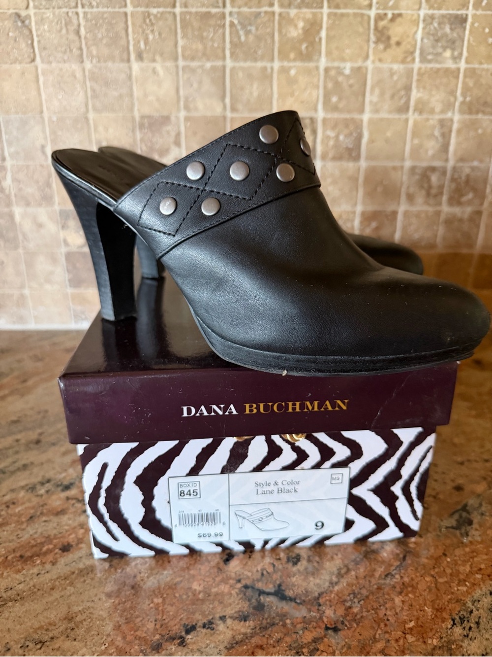 Dana Buchman Black Leather Studded Mules